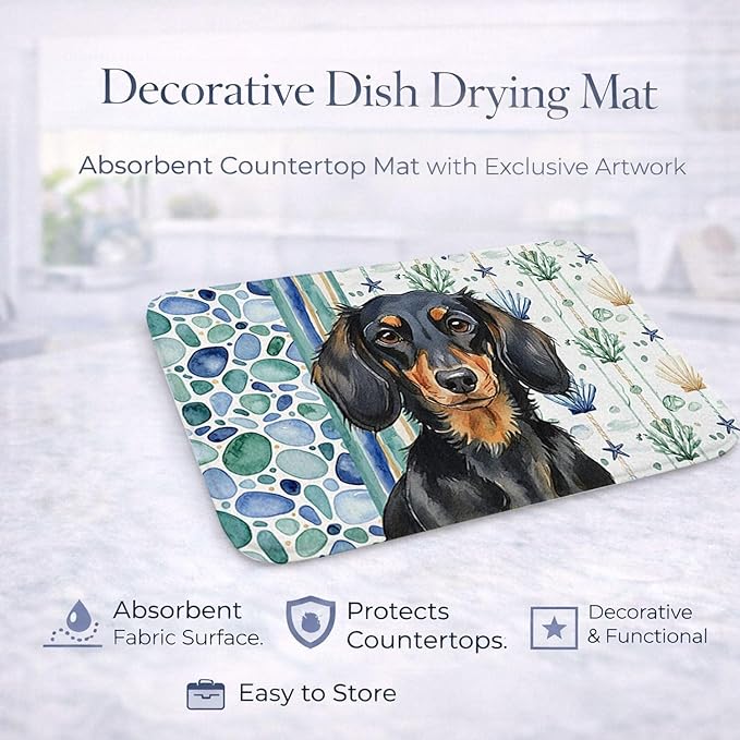 Caroline's Treasures Longhaired Black and Tan Dachshund Coastal Sea Glass Dish Drying Mat Absorbent Dish Drying Mat Pad for Kitchen Counter Dish Drainer Mat for Countertop 14 x 21 Multicolor