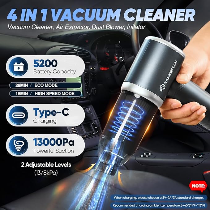 Mini Vacuum Cleaner 3 in 1 Cordless Handheld Vacuum Cleaner 13000Pa High Power Car Vacuum Cleaner with Brushless MotorAdjustable Car Vaccum Portable Cordless for CarsDesktop-DBS03