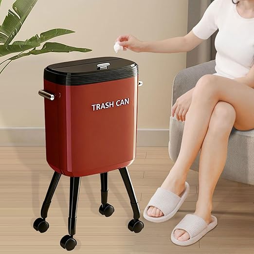 Garbage Can with Legs Dustbin High Foot 15L Large Capacity Household No Bending Wastebasket for Office Bedroom Kitchen Toilet Red with Caster