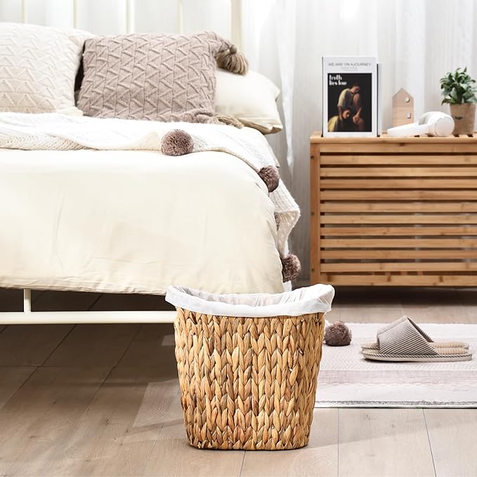 FairyHaus Wicker Trash Can with Handles Natural Water Hyacinth Wicker Waste Basket Handwoven Wicker Trash Basket for Bathroom Bedrooms 13 L x 7.5 W x 12.2 H