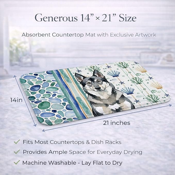 Caroline's Treasures Norwegian Elkhound Coastal Sea Glass Dish Drying Mat Absorbent Dish Drying Mat Pad for Kitchen Counter Dish Drainer Mat for Countertop 14 x 21 Multicolor