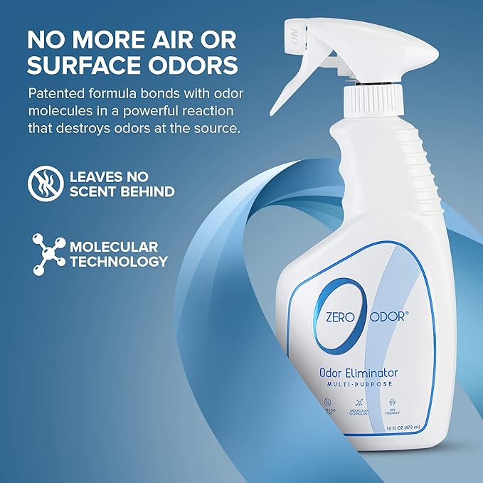 Zero Odor – Multi-Purpose Odor Eliminator 128 Oz - Patented Technology for Bathroom Kitchen Fabric Closet- Smell Great Again 16oz