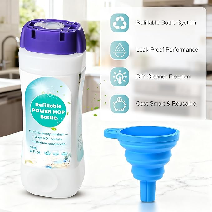 Refillable Bottle for Swiffer® Power Mop™ - 720 ML/24 FL OZ - Leak-Proof HDPE Material Solution Bottle 2 Empty Bottle + 14 Silicone Pads + 1 Funnel Easy Install for Use with Any Cleaning Solution