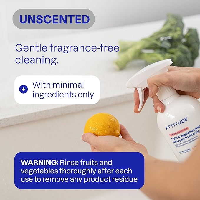 ATTITUDE Fruit &amp Vegetable Wash Unscented Food-Safe Produce Wash to Remove Dirt Wax &amp Residue Vegan Plant-Based Produce Cleaner 27.1 Fl Oz (Pack of 6)