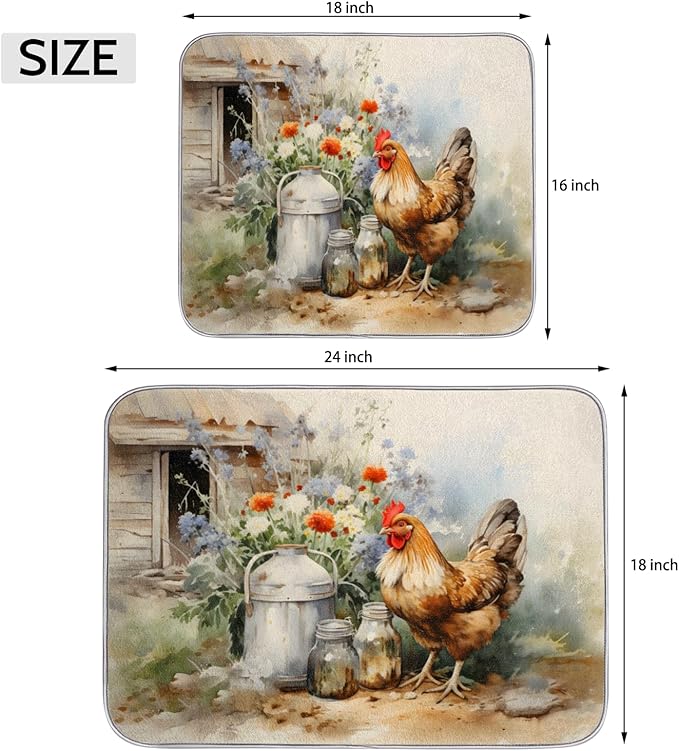 Honeybaby Dish Drying Mat Farm Chicken Hen Dish Drying Mats for Kitchen Counter Absorbent Kitchen Drying Mat Dish Rack Mat 18x24 inches