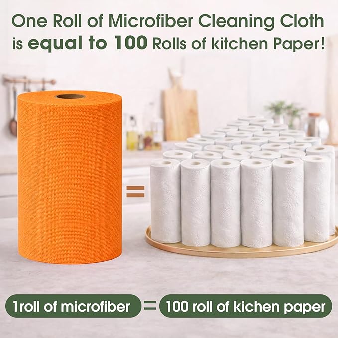Microfiber Cleaning Cloth Roll–100 Pack Tear Away Microfiber Towels Reusable Washable Scratch-Free Kitchen Towels for Car Home Kitchen Glass Dishes(Honey Orange)