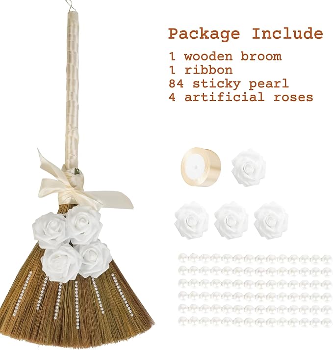 Wedding Broom for Jumping Ceremony Decorative Broomstick DIY with Ribbons Artificial Roses &amp Sticky Pearl African American Jumping The Broom for Wedding