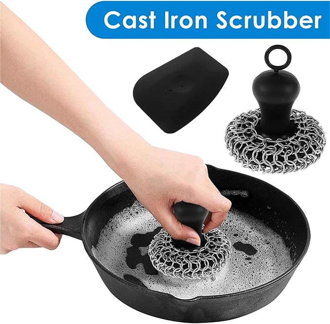 20Pcs Cast Iron Scrubber Food Grade Stainless Steel Chainmail Scrubber with Heat Resistant Pan Scraper Anti-Rust Brush(20pcs Wire brush)