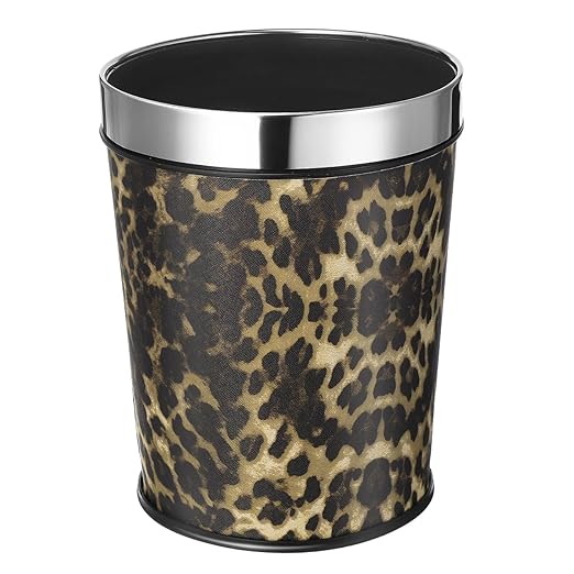 COHEALI Leopard Print Trash Can 5L Retro Stainless Steel Bathroom Wastebasket with Fixing Ring Small Garbage Can for Bedroom Office Kitchen Animal Print Decorative Waste Bucket 10.03x7.87in