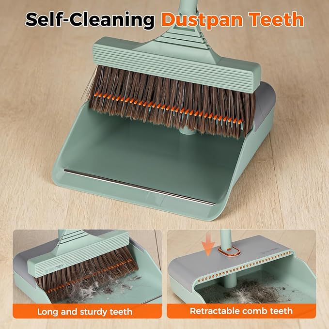 Broom and Dustpan Set with Adjustable Handle Upright Design Built-in Comb Teeth Mint Green for Home Office Hardwood Floors Pet Hair (Green/Gray)