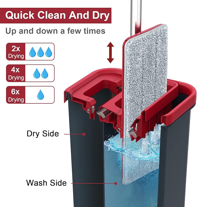 Hands-Free Mop and Bucket Set with 3 Washable Pads Wet/Dry Floor Cleaning System Red/Black