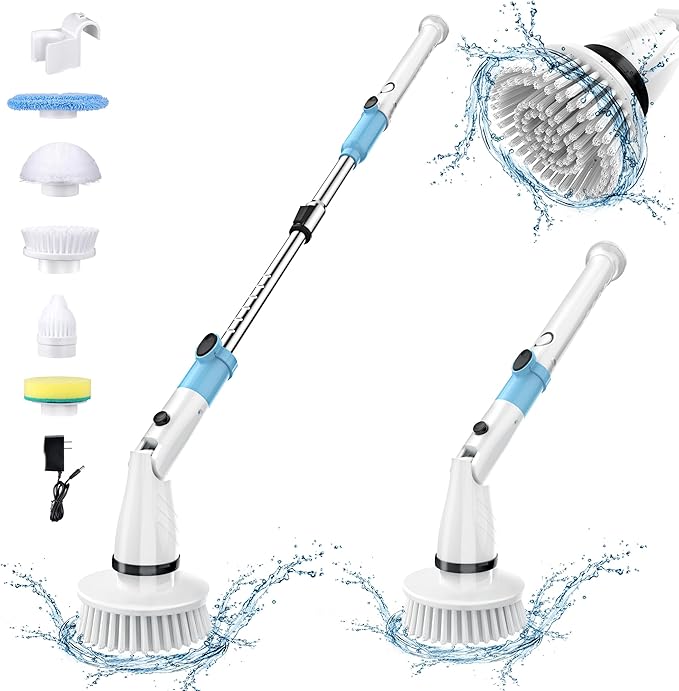 Electric Spin Scrubber with 5 Brush Heads Cordless Cleaning Brush 450 RPM Motor 27-47 inch Adjustable Handle Power Scrubber for Bathroom Tile Floor