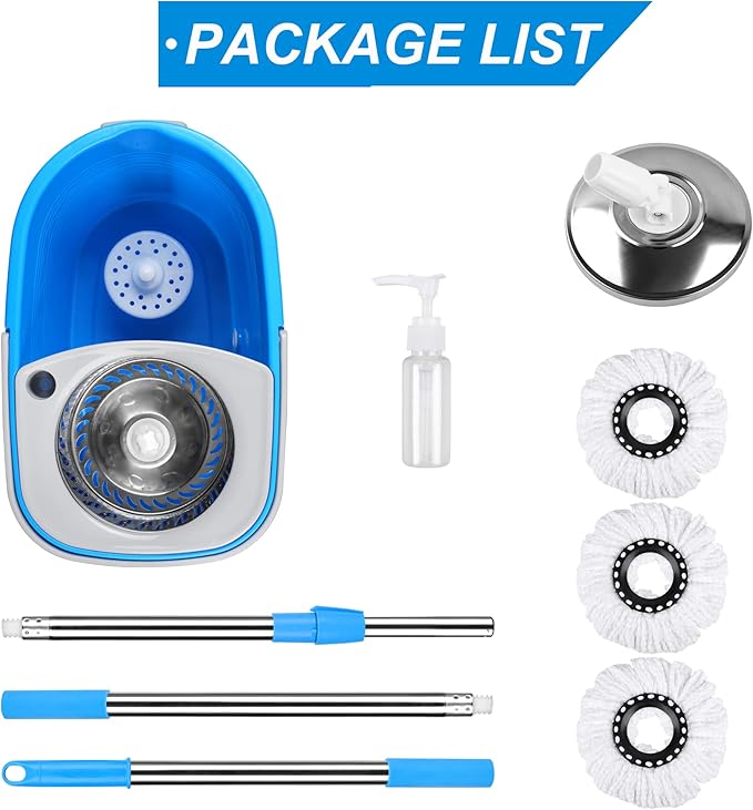 Mop Bucket with Wringer Set Extended Stainless Steel Handle 3 Microfiber Replacement Mop Head Refills 2 Wheels for Household Cleaning Hardwood Floor Tiles Blue/Gray