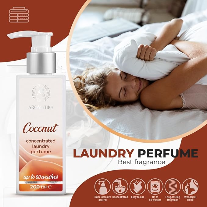 Concentrated Laundry Perfume Coconut 200ml - Liquid Perfume Laundry - Linen Freshener - Laundry Scent Booster - Washing Fragrance - Exotic and Long Lasting Scent - Cotton Perfume