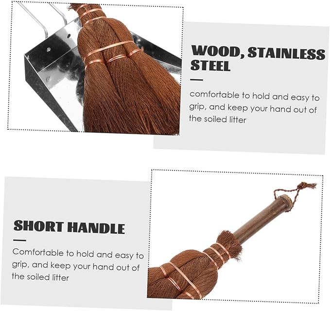 2 Sets Broom and Dustpan Sets for Pet Mini Desktop Cleaning Kit Wooden Handle Brush Pet Litter Shovel Stainless Steel Safe for Hands Cat and Dog Use