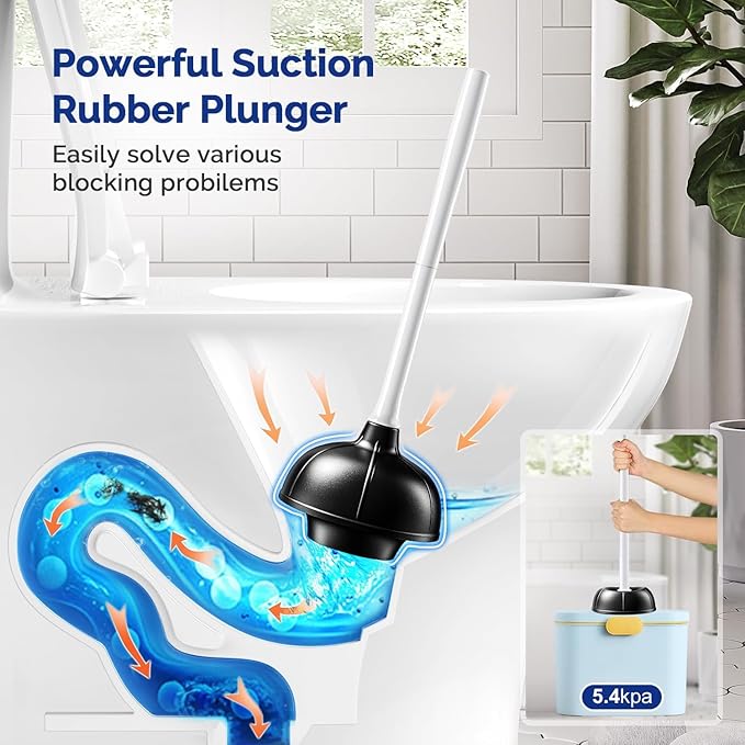 HAMITOR Toilet Plunger and Brush Set for Bathroom Cleaning with Extented Handle - Heavy Duty Toilet Plunger Combo Accessories with Caddy Stand Holder for Small Space - White2 Sets