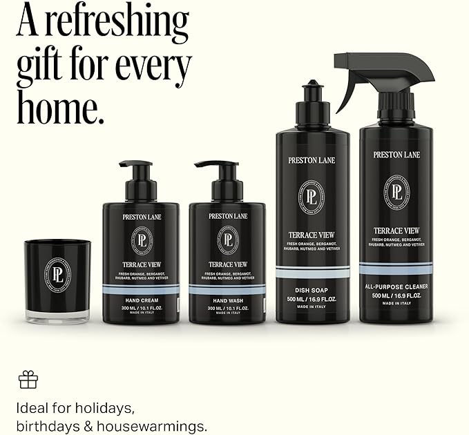 Preston Lane Signature Home Set – All Purpose Cleaner Dish Soap Hand Wash Hand Cream &amp Scented Candle | Plant-Powered Cleaning &amp Care Essentials with Fine Italian Fragrance Terrace View
