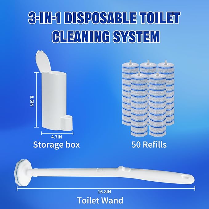 Disposable Toilet Brush and Holder Set with 50 PCS Toilet Wand refills for Clorox Wall Mounted Disposable T-oilet Bowl Wand Kit for Bathroom Sink &amp Bathtub Touchless T-oilet Cleaning System