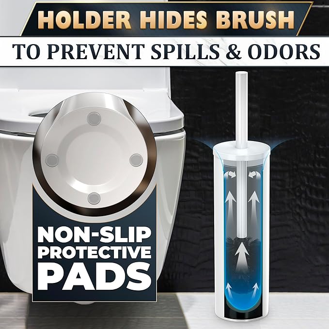 Stainless Steel Toilet Brush and Holder Set White - Long Handle Toilet Bowl Cleaner Brush and Holder - Removable Inner Liner Shiny Design Splash Protection &amp Dense Bristles for Bathroom Cleaning