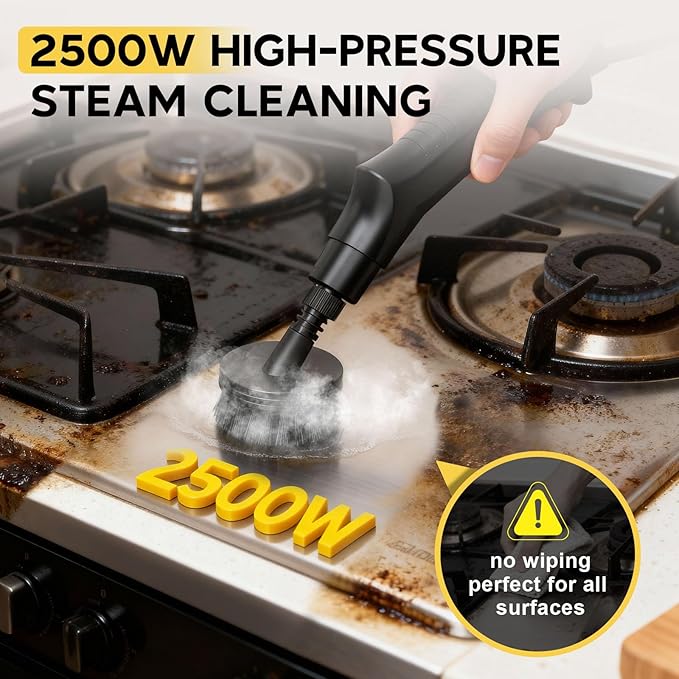 10S Fast Heating Heavy Duty Steam Cleaner 7 Adjustable Levels 1.6 Quarts Tank Continuous Spray Natural Deep Cleaner Portable Handheld Steamer with 15 Accessories for Home Car Tile (Yellow)