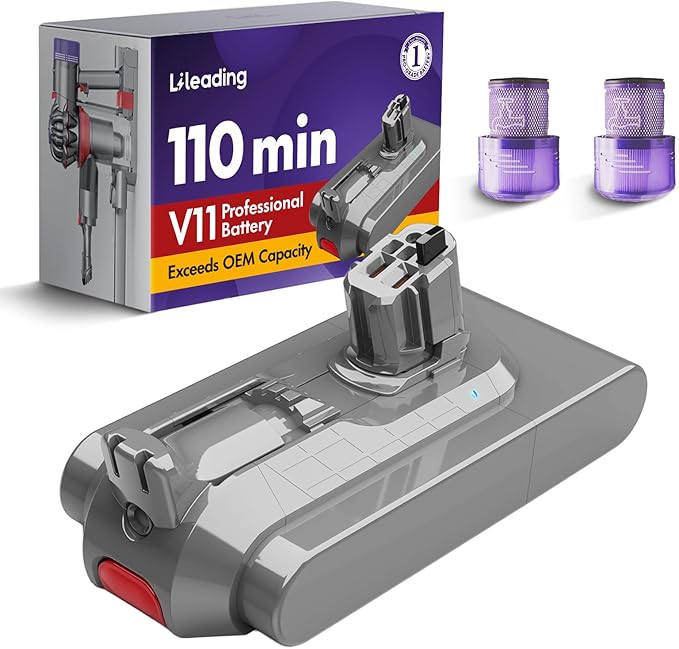 V11 110-min Red Button Battery Replacement: With Samsng Battery Cells Compatible with Dyson Click-in Models V11 Animal Torque Drive Total Clean Outsize SV15/16/22 970425-01 Includes 2 Filters