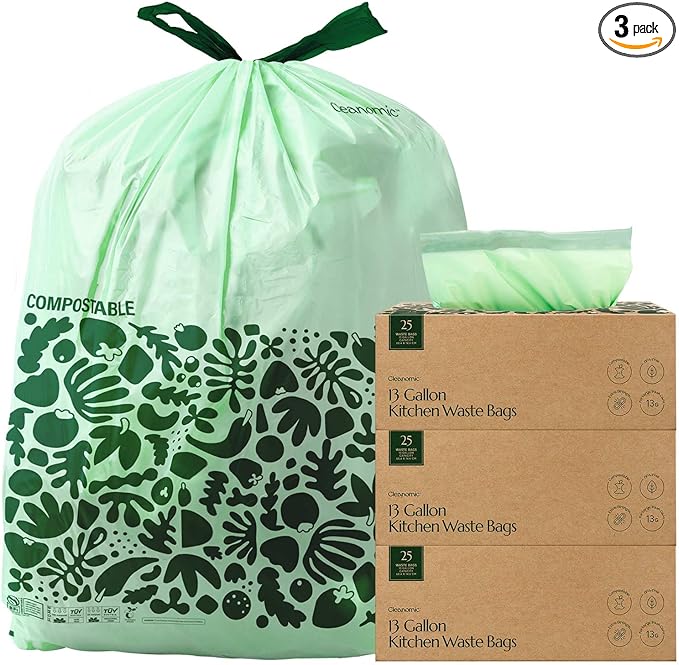 Cleanomic Compostable* 13 Gallon Trash Bags with Drawstring (3 Pack 75 Count) BPI Certified For Kitchen Compost