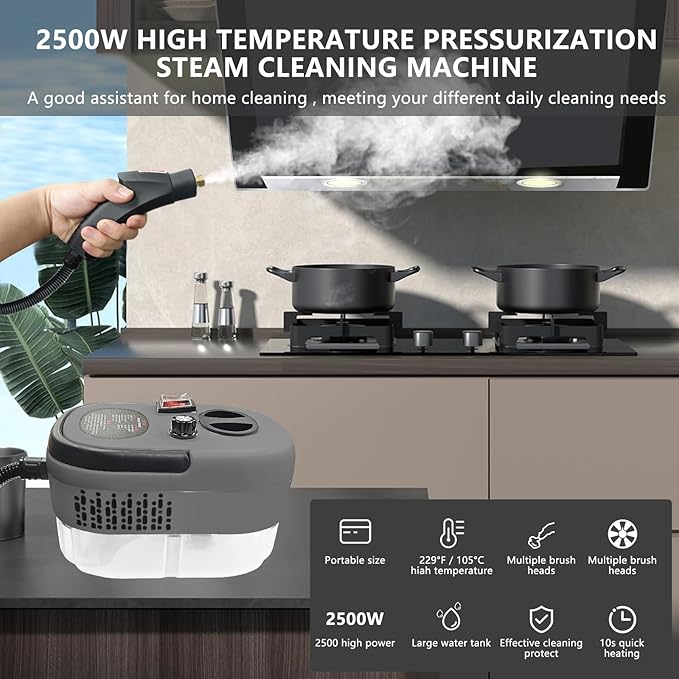 Steam Cleaner for Car 2500W High Pressure Steamer for Cleaning with 11 Attachments Portable Steam Cleaner For Car Detailing Home Upholstery Kitchen Bathroom Furniture Tile Grout (Grey)