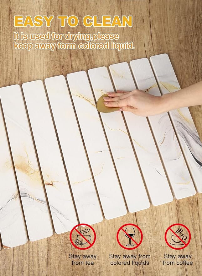 Large Stone Drying Mat for KitchenCounter24(L)×16(W)Collapsible Absorbent Diatomaceous Earth Dish Drying MatQuick-Dry Draining Mat for Dishes Cookware Bottles Cups Match Any Countertop