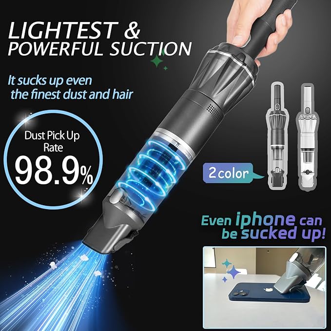 Handheld Vacuum Cordless 25000PA Super Lightweight 1lb with Powerful Suction Charging Dock Car Charger Single Touch Empty and Detachable Dust Cup Portable Mini Car Vac Gray