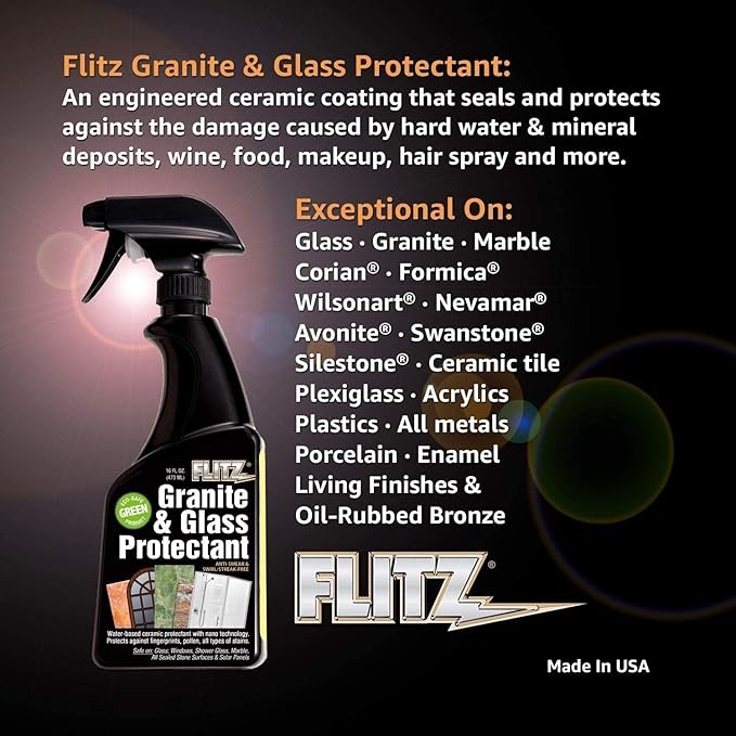 Flitz Granite &amp Glass Protectant - 16oz Bottle of USA-Made Granite Sealer and Glass Countertop Protector - Cleans &amp Prevents Liquid Stains &amp Others - Also Works on Marble &amp All Metal