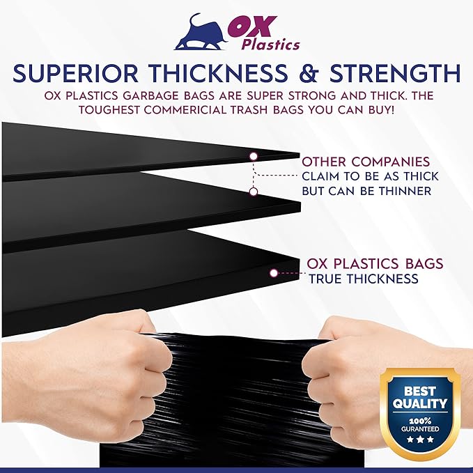 Ox Plastics 60 Gallon Trash Can Liners Bags - (25 Count) &amp 3mil Thick Extra Heavy Duty Strength - Large Garbage Leak-Proof &amp Durable Bags
