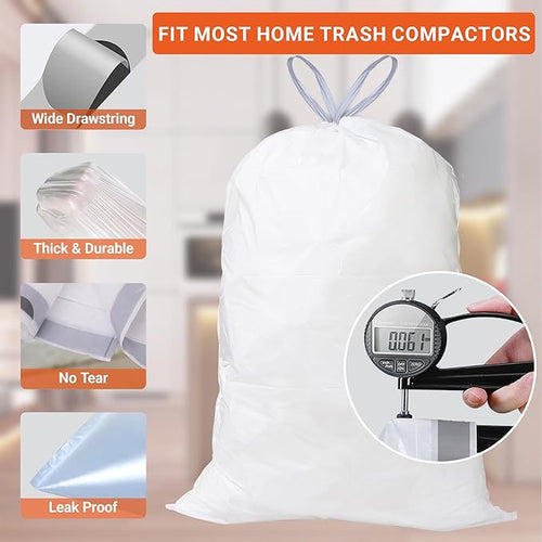 18 Gallon Drawstring Compactor Kitchen Trash Bags 100 Count 1.2 Mil Heavy Duty Garbage Bags Fit for 18 Gallon &amp Most Kitchen Compactors | Compatible with Kitchenaid Whirpool GE 15 Inch Compactor