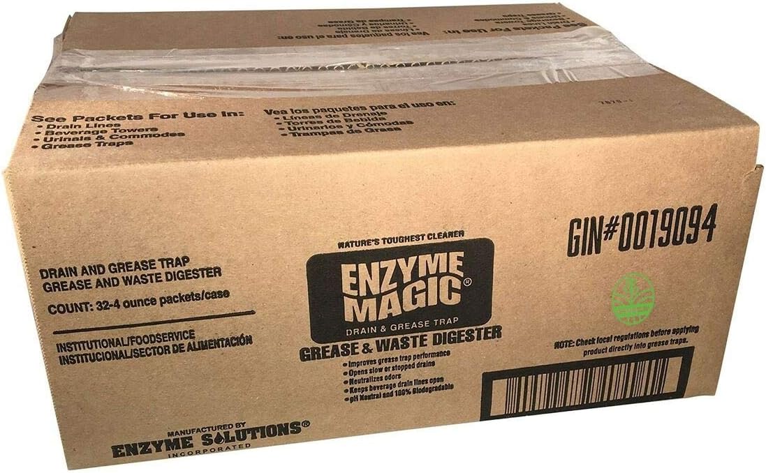 Grease &amp Waste Digester Cleans Slow/Clogged Drains Urinals Commodes Beverage Towers Grease Traps Enzyme Formula Destroys Waste Fat Oil Grease Neutralizes Odors (4 Oz x 32-Pack)