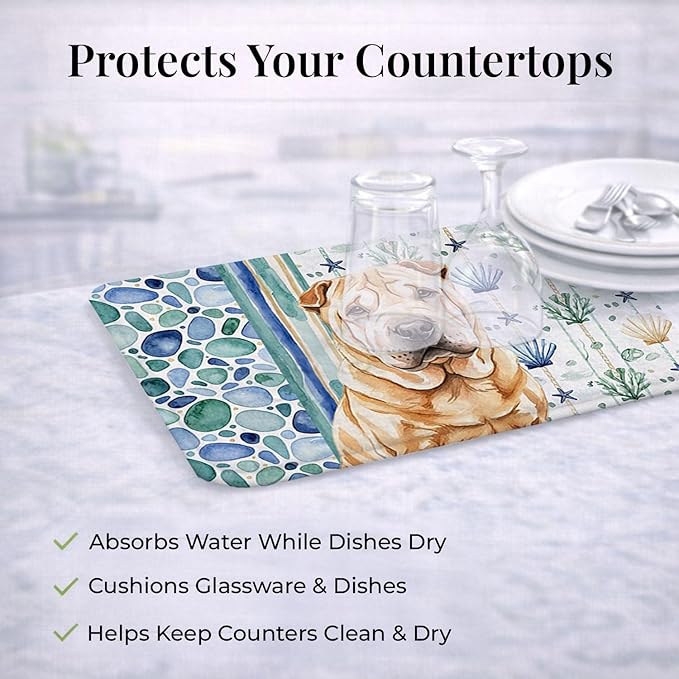 Caroline's Treasures Red Shar Pei Coastal Sea Glass Dish Drying Mat Absorbent Dish Drying Mat Pad for Kitchen Counter Dish Drainer Mat for Countertop 14 x 21 Multicolor