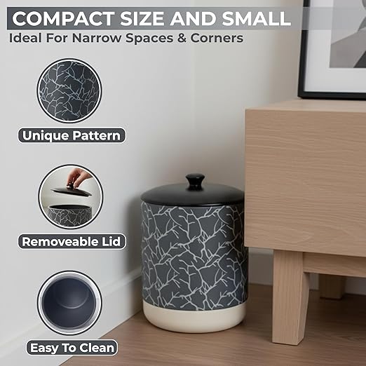 Escenzy Textured Luxury Stone Bathroom Trash Can with Lid 5L | 7 x 10 | High End Ceramic Trash Can | Decorative Waste Basket for Bathroom Bedroom Kitchen Hotels or Living Room Decor | Ideal Gift