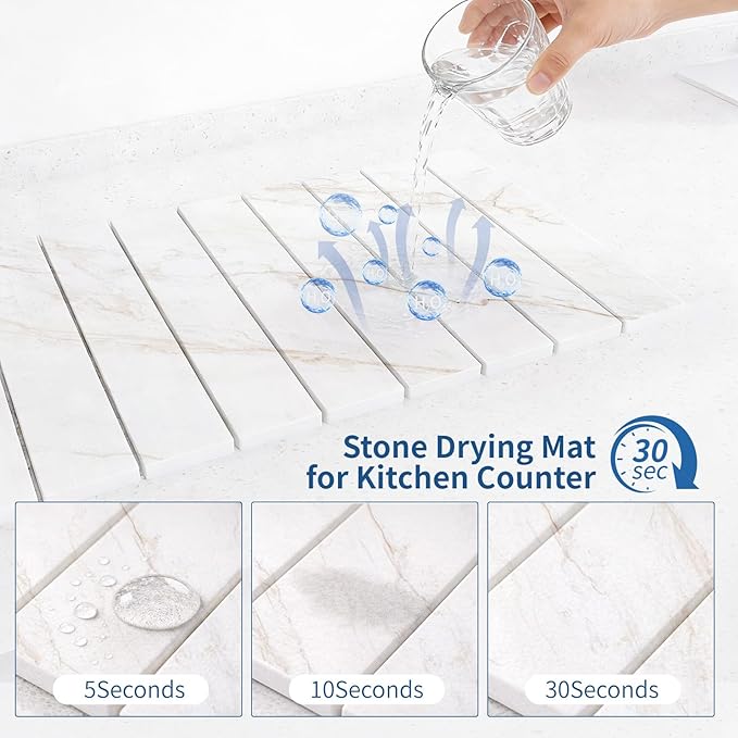 Hopegiver Stone Drying Mat for Kitchen Counter 24 x 16 Quick Dry Diatomaceous Earth Dish Drying Mat Super Absorbent Non-Slip &amp Foldable Modern Marble Countertop Mat (GoldenMarble24''x16'')