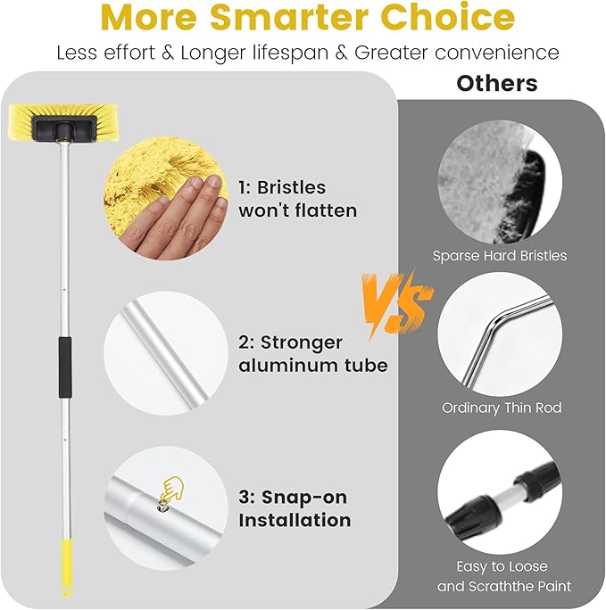 Car Wash Brush with Long Handle 60'' Soft Bristle Cleaning Brush Car Cleaning Brushes Carwash Brushes for SUV RV Boat Truck House Siding Sweep Snow Yellow