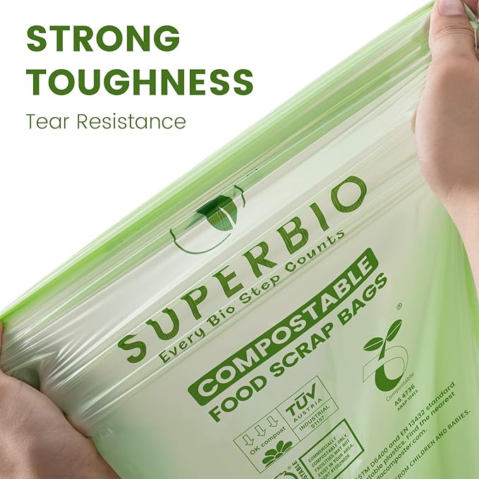 SUPERBIO 2.6 Gallon Flat Top Compostable Food Waste Bags 100 Count 2 Pack9.84L Food Scrap Bags BPI Certified and OK compost INDUSTRIAL