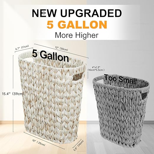 Wicker Trash CanBathroom Trash CanWaterproof Wicker Waste Basket for BathroomNarrow Small Waste Basket for BedroomOffice Cream White 5 Gallon