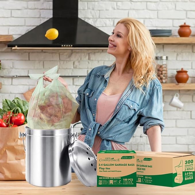 3 Gallon Flap Tie Compostable Trash Bags 300 Count Small Compost Bags Biodegradable Kitchen Garbage Bags Food Scrap Waste Bags for Countertop Bin ASTM D6400 US BPI Certified