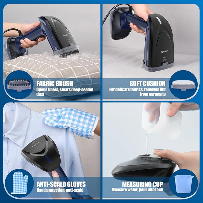 Powerful Handheld Fabric Steamer - 1800W with Fast Ceramic Heat-Up Plate 2-in-1 Ironing &amp Wrinkle Remover Steam Nozzle Lint Brush - Blue for US 120V Only