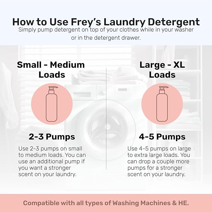 FREY Concentrated Liquid Laundry Detergent | Formulated for Sensitive Skin &amp HE Washers | Removes Stains Effectively | 50 Loads per Bottle (1-pack Jasmine Meadow)