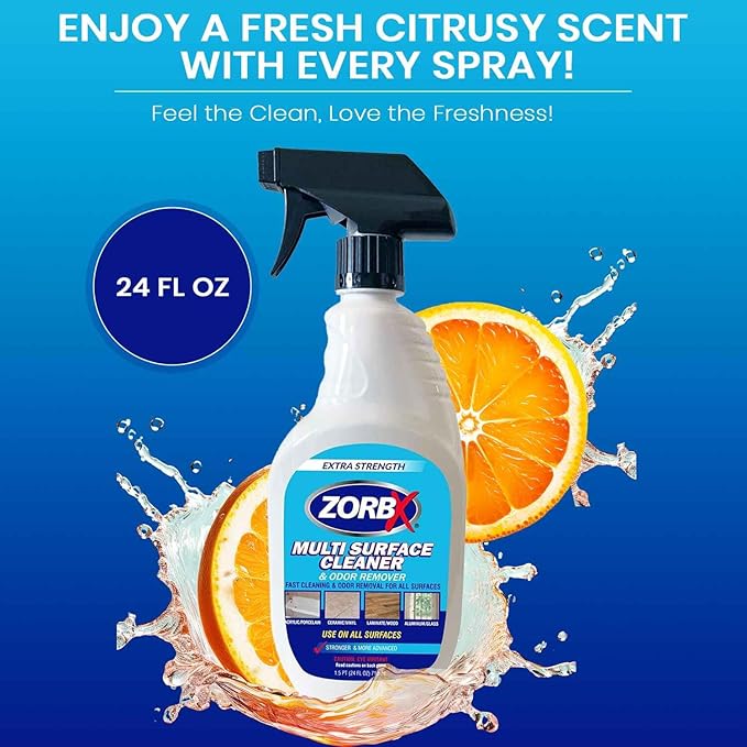ZORBX Extra-Strength Multi Surface Cleaner 24 oz - Get Rid of Unpleasant Odors and Unwanted Stains Instantly - Citrus Scented Fast-acting Furniture Cleaner - Multipurpose Cleaner Spray