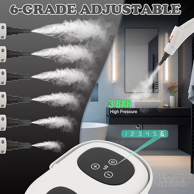 2500W Handheld Steam Cleaner for Home &amp Car 1.1L Portable High-Pressure Steamer 10s Fast Heat-Up 6-Level Adjustable Steam Multipurpose Cleaning Kit – White