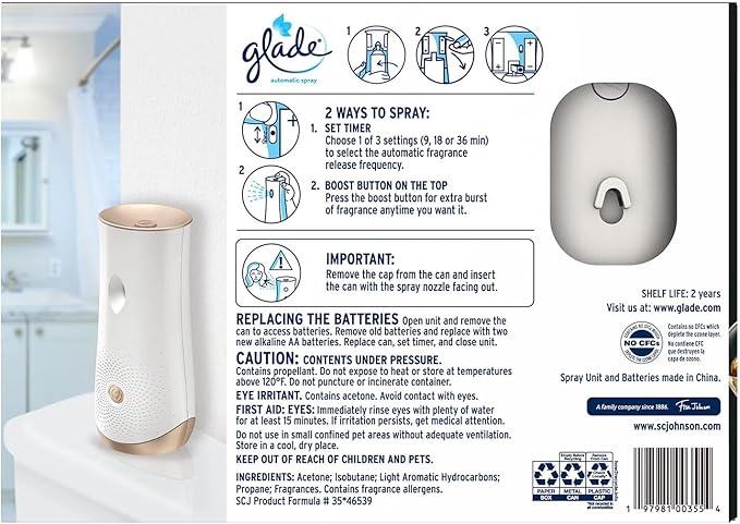 Glade Automatic Spray Starter Kit Bourbon &amp Citrus Scent 1 Holder + 3 Refills (6.2 oz Each) Adjustable Freshness