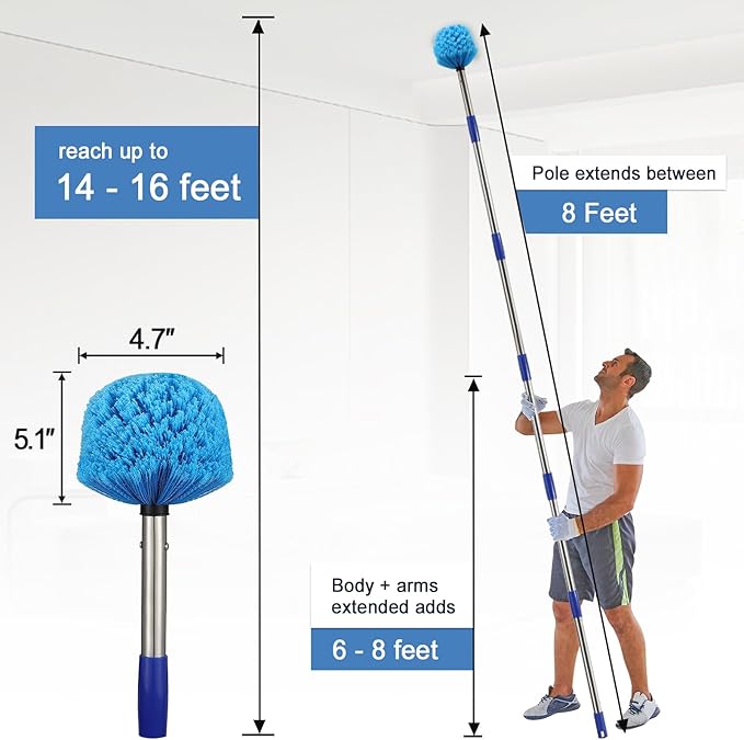Cobweb Duster with Extension Pole 8 FT Long Duster for High Ceilings Walls Medium Stiff Bristles Cobweb Brush with Lightweight Stainless Steel Pole for Outdoor Indoor Cleaning