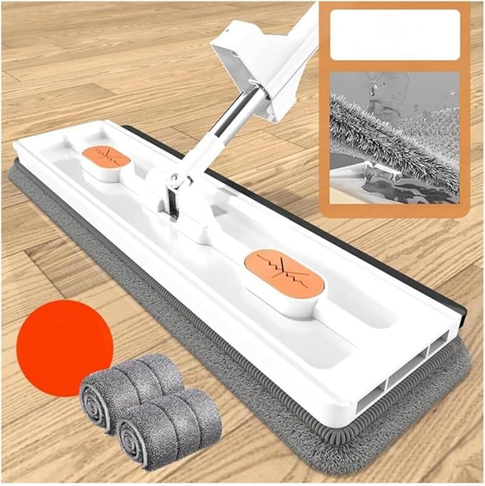 Large Flat Mop Self-Contained Dewatering Scraper Mop Stainless Steel Long Handle with 2 Microfiber Pads 360° Rotating with Dewatering Scraper 1pcs 12027(White)