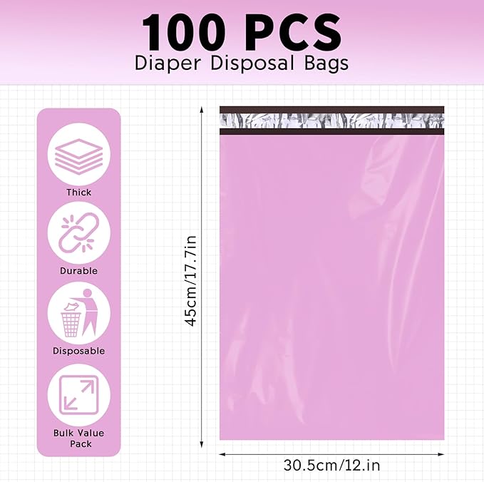 PHOGARY 100Pcs Adult Diaper Disposal Bags Disposable | Odor Lock Leak-Proof &amp Tear-Resistant | Large 11.8 x 17.3 Inch Discreet Disposal Bags for Incontinence Supplies (Purple)