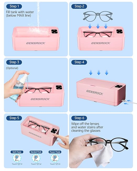 GENGROCK Ultrasonic Jewelry Cleaner Machine 48kHz Sonic Cleaner 3 Modes Deep Cleaning 360ML Food Grade Tank 45dB Quiet for Jewelry Rings Gold Silver Glasses Dentures(Pink)
