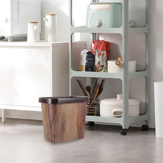 Wood Grain Trash Can 10L Plastic Wastebasket with Removable Press Ring for Kitchen Bathroom Office Home Use
